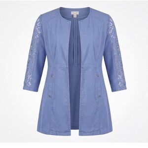 Chicos Blue Embroidered Crochet open Cardigan whimsy Artsy Boho Festival large